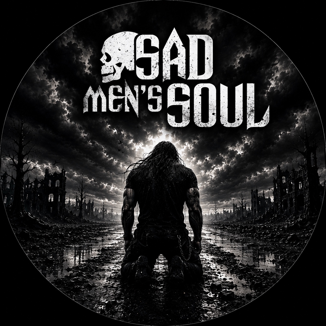 Last Try artwork: the Sad Men’s Soul logo above a kneeling figure beneath storm clouds in a ruined city