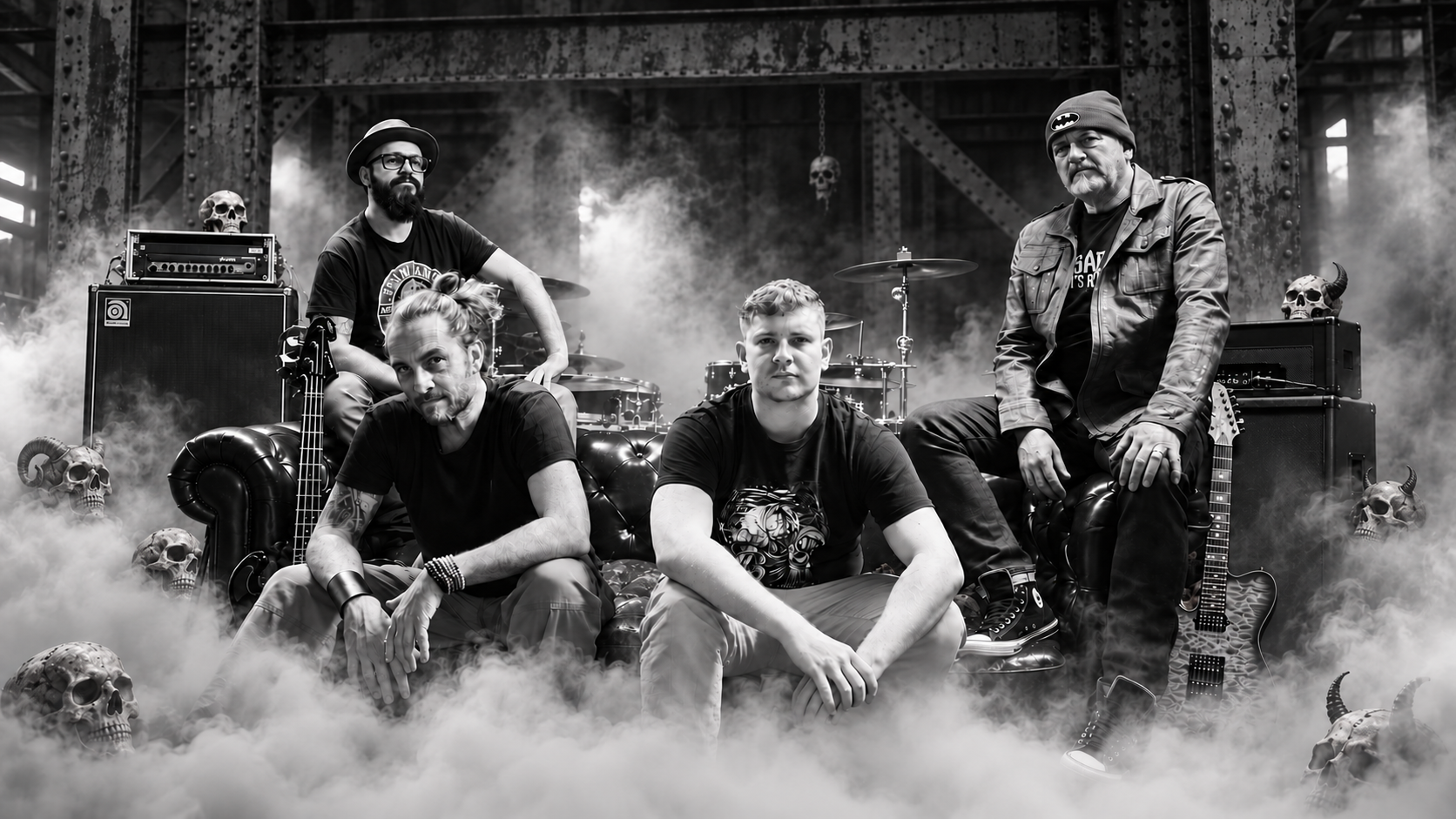 Sad Men’s Soul: four band members with their instruments and amplifiers around a leather sofa, surrounded by fog and decorative skulls in a steel-framed hall